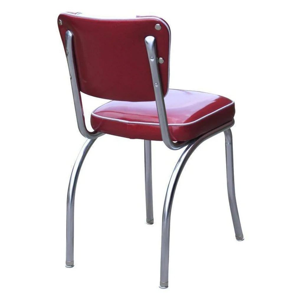 Back view of retro sparkle red diner chair with diamond-tufted upholstery and welded steel frame, designed for restaurants, bars, cafés, and hotel dining spaces.
