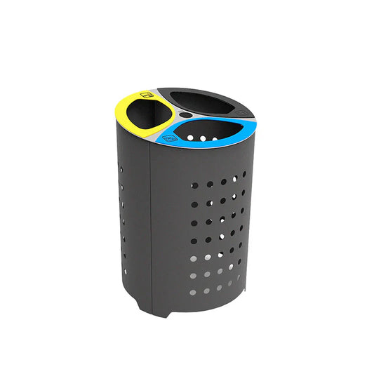 Outdoor steel recycling litter bin with perforated metal body, stainless steel lid, and three disposal openings.