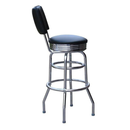 Vintage-style bar stool with padded round seat, backrest, and double-ring frame