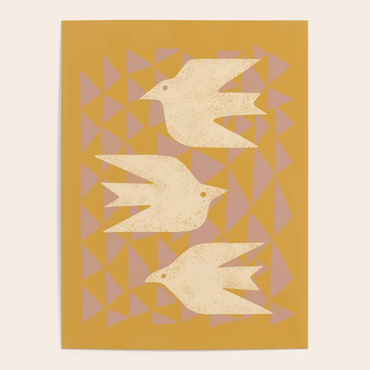 Doves In Flight Yellow Poster by Renea L Thull featuring soft yellow tones and graceful bird silhouettes, perfect wall art for cafés, hotels, and restaurant interiors.