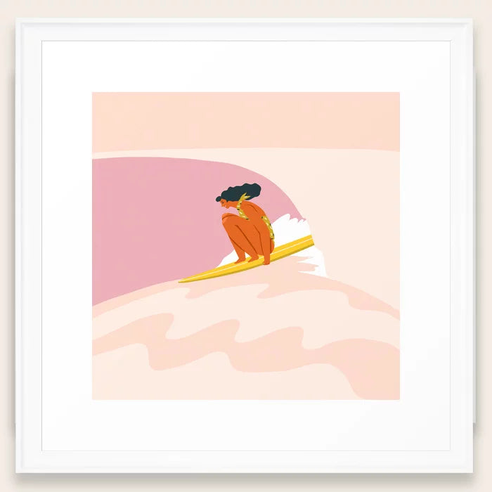 Down the Hill art print by Tasiania framed in white wood, featuring a minimalist hillside scene with natural colors for bright, modern interiors