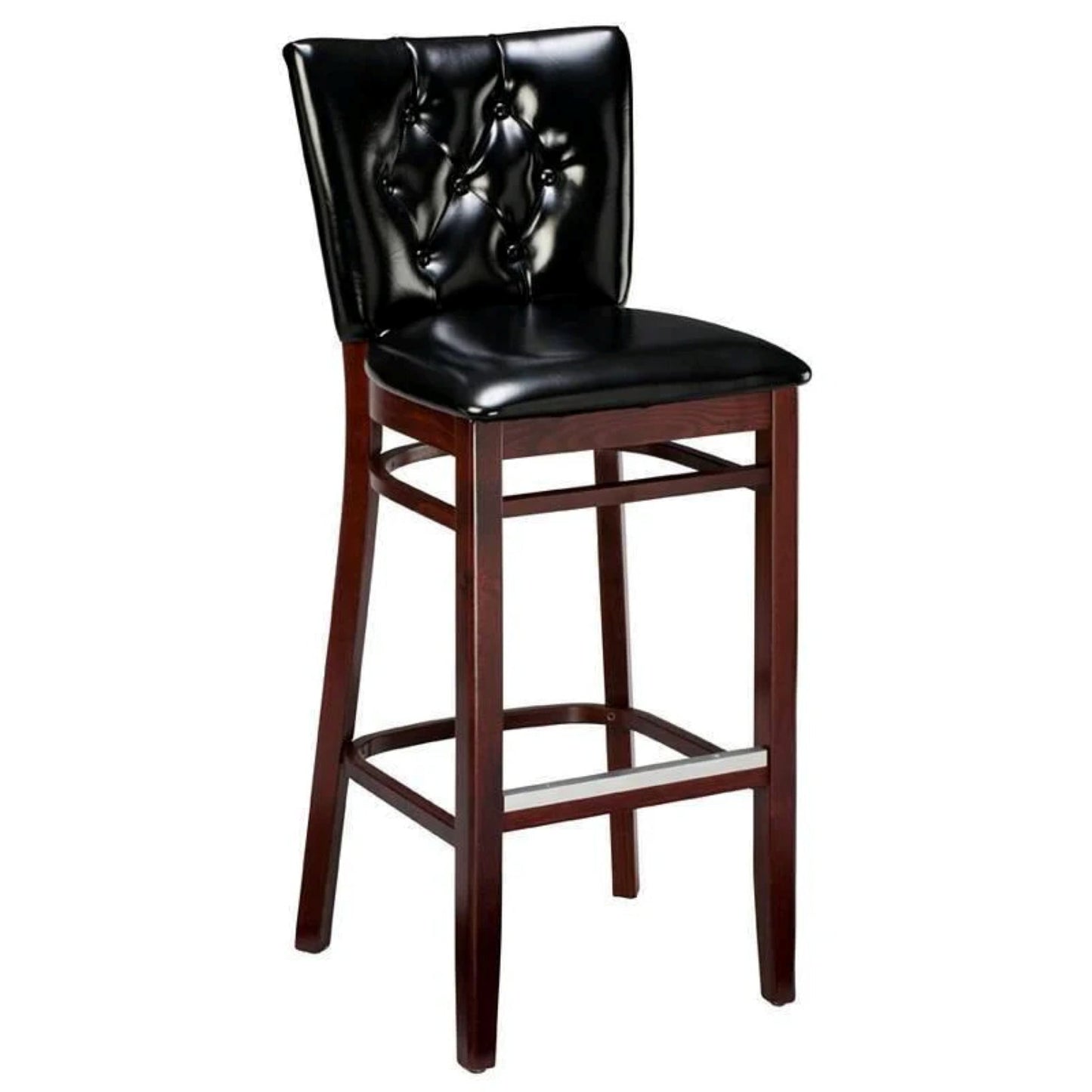 Classic wooden bar stool with padded seat, upholstered back, and decorative Classic wooden bar stool with padded seat, upholstered back, and decorative  nails