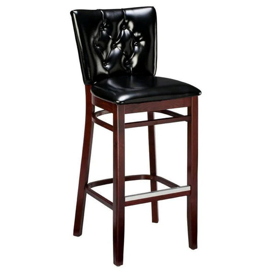 Classic wooden bar stool with padded seat, upholstered back, and decorative Classic wooden bar stool with padded seat, upholstered back, and decorative  nails