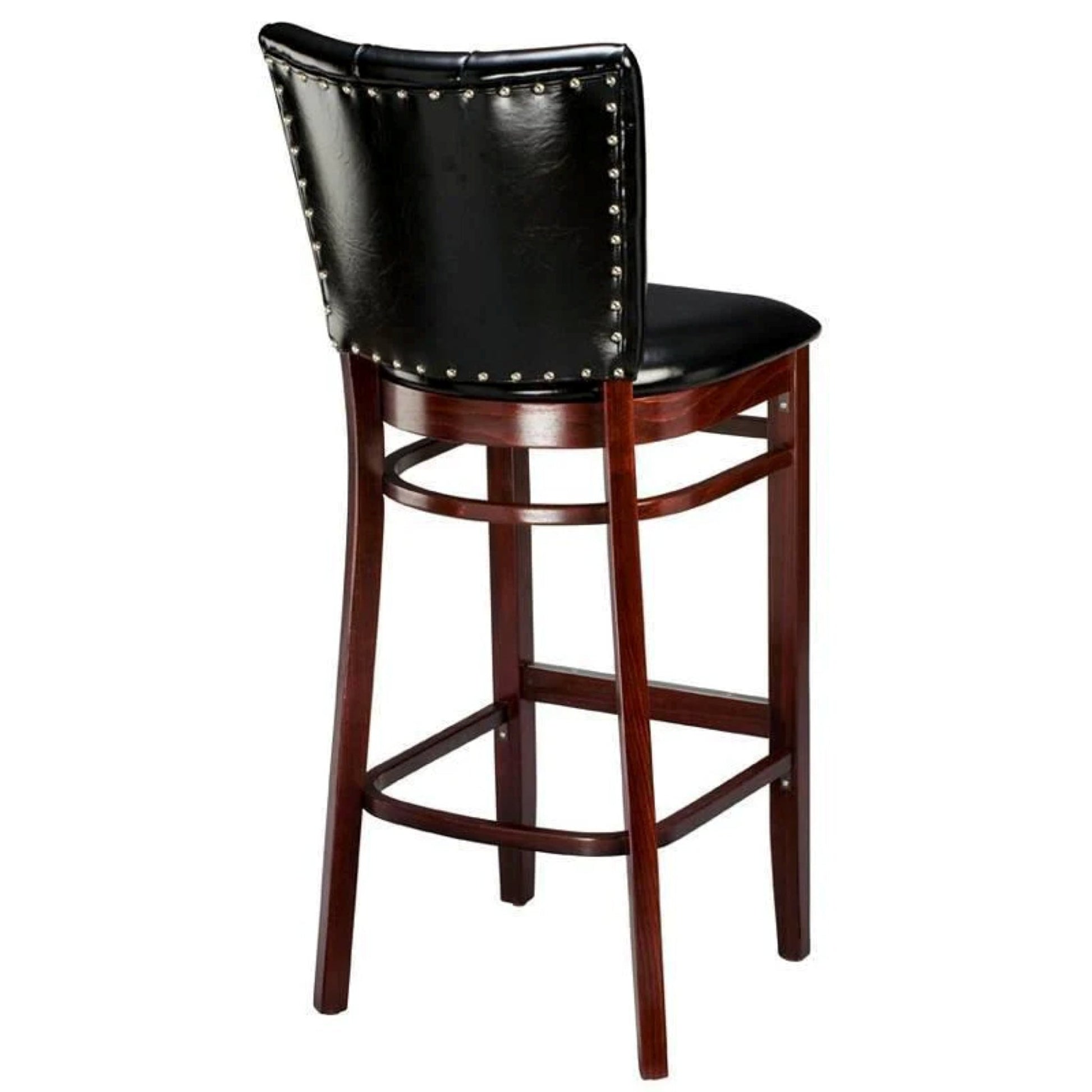 Upholstered wood bar stool with nailhead trim and padded pulled seat
