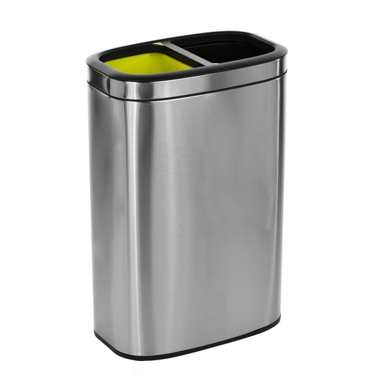 Modern brushed stainless steel trash receptacle for recycling and waste separation