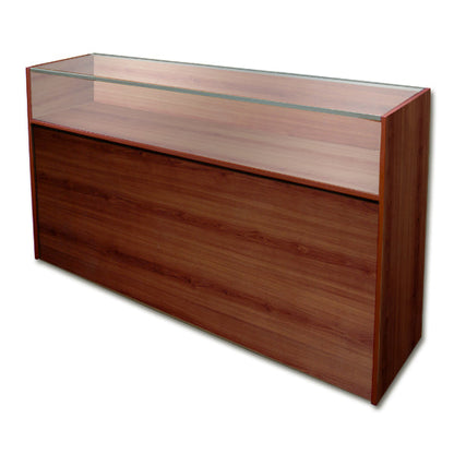 Economy Jewelry Case in a cherry wood finish, highlighting the tempered-glass display area and sliding rear doors used for secure merchandise access.
