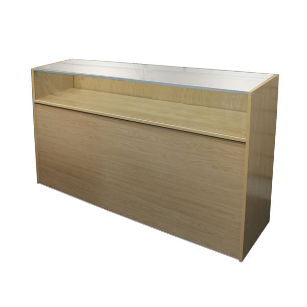 Economy Jewelry Case in a maple wood finish, showing the tempered-glass front and top designed for showcasing jewelry and small retail items.