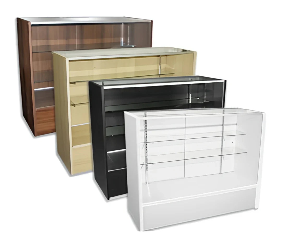 Image showing all finish options for the Economy Extra Vision Showcase, including Black, Maple, Cherry, and White, with each case displaying its tempered-glass front, top, and shelving.