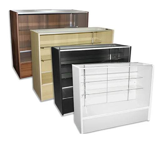 Image showing all finish options for the Economy Extra Vision Showcase, including Black, Maple, Cherry, and White, with each case displaying its tempered-glass front, top, and shelving.