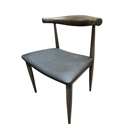 Elbow Chair with metal frame in driftwood faux wood finish and black vinyl seat. Solid construction with curved back and non-marring glides for indoor dining use.