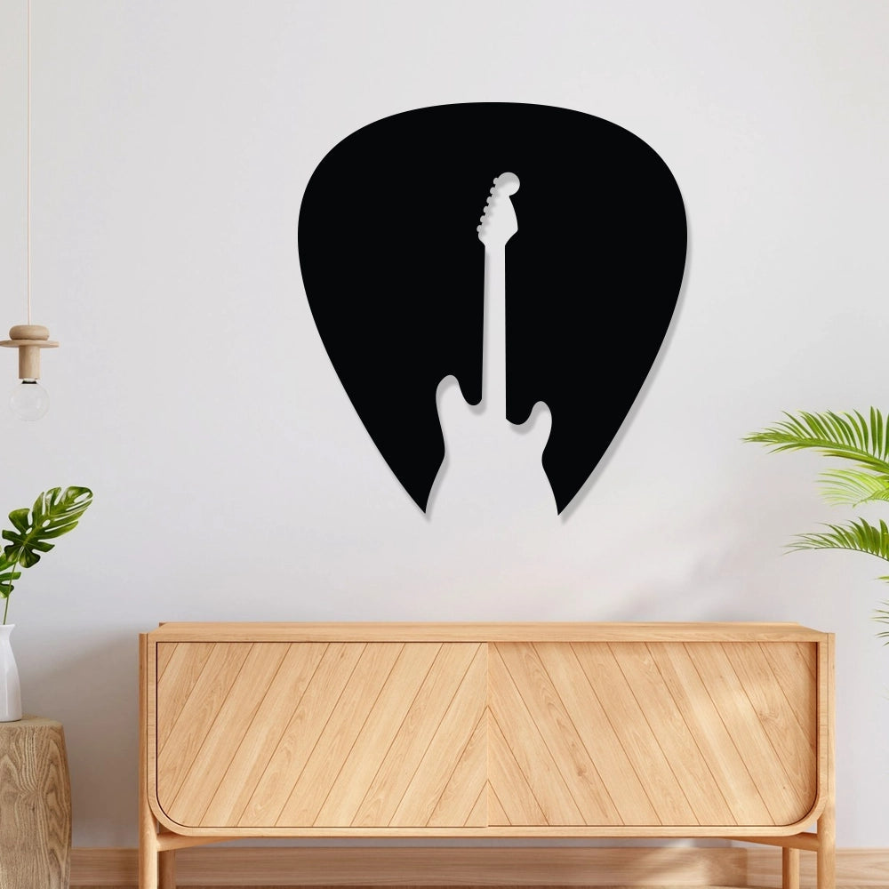 Electric Guitar Metal Wall Art in black matte finish featuring a sleek modern guitar silhouette, crafted from durable aluminum composite for music-themed bar, restaurant, or home décor.