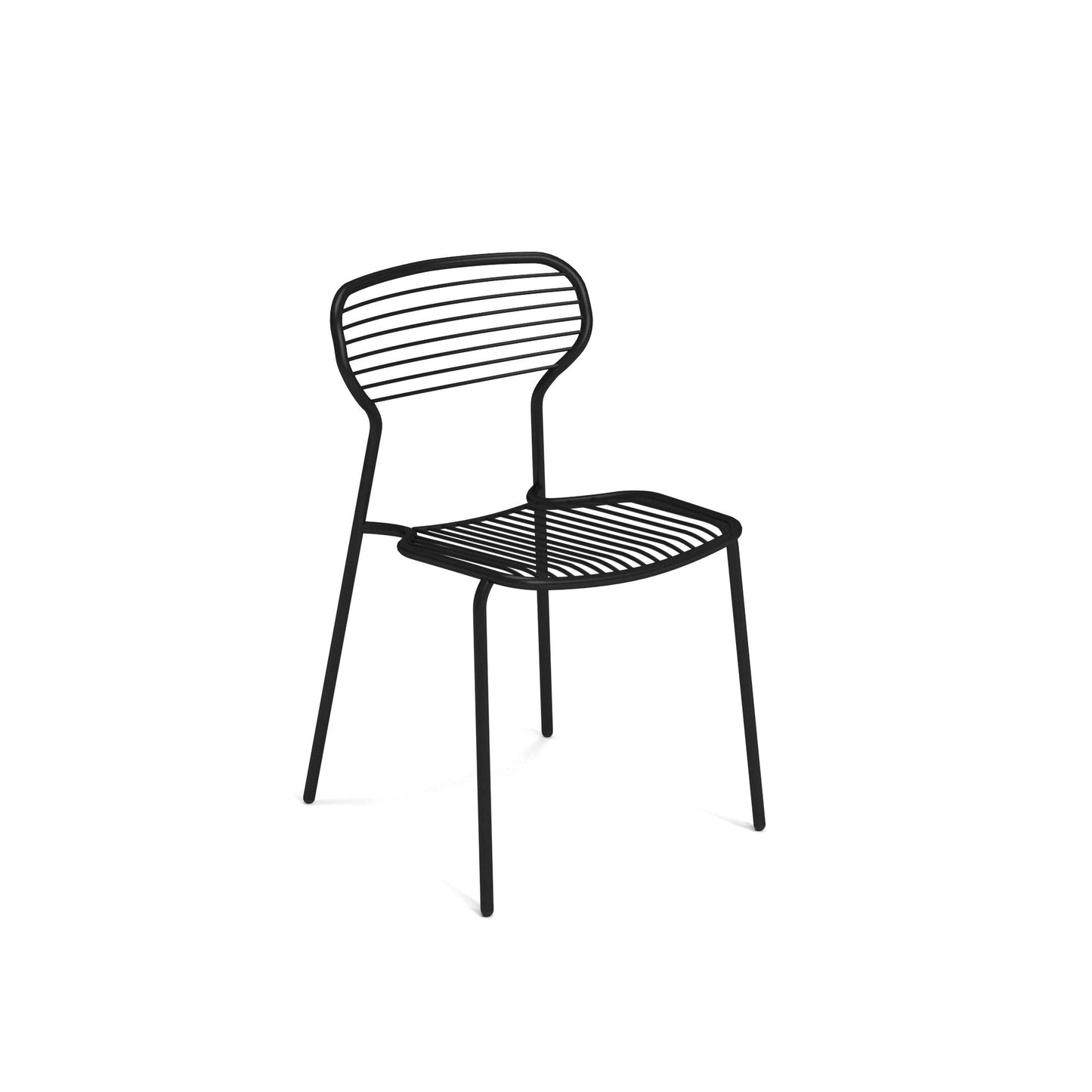 Emu Apero E1300 black stacking side chair with tubular steel frame and wrought iron seat, ideal for restaurants, cafés, and outdoor spaces.