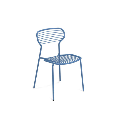 Emu Apero E1300 stacking side chair in marine blue finish with tubular steel frame and wrought iron seat, designed for indoor and outdoor dining.