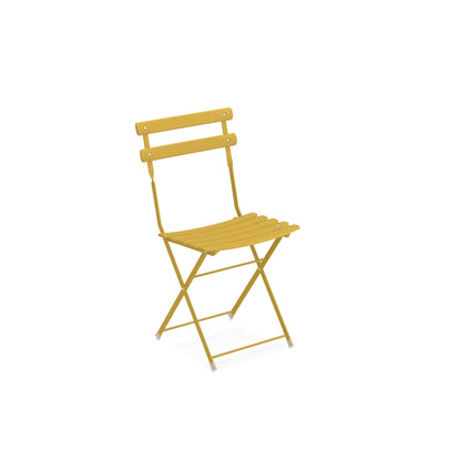Emu Arc en Ciel E314 folding side chair in curry yellow finish featuring a powder-coated steel frame with slatted seat and back.