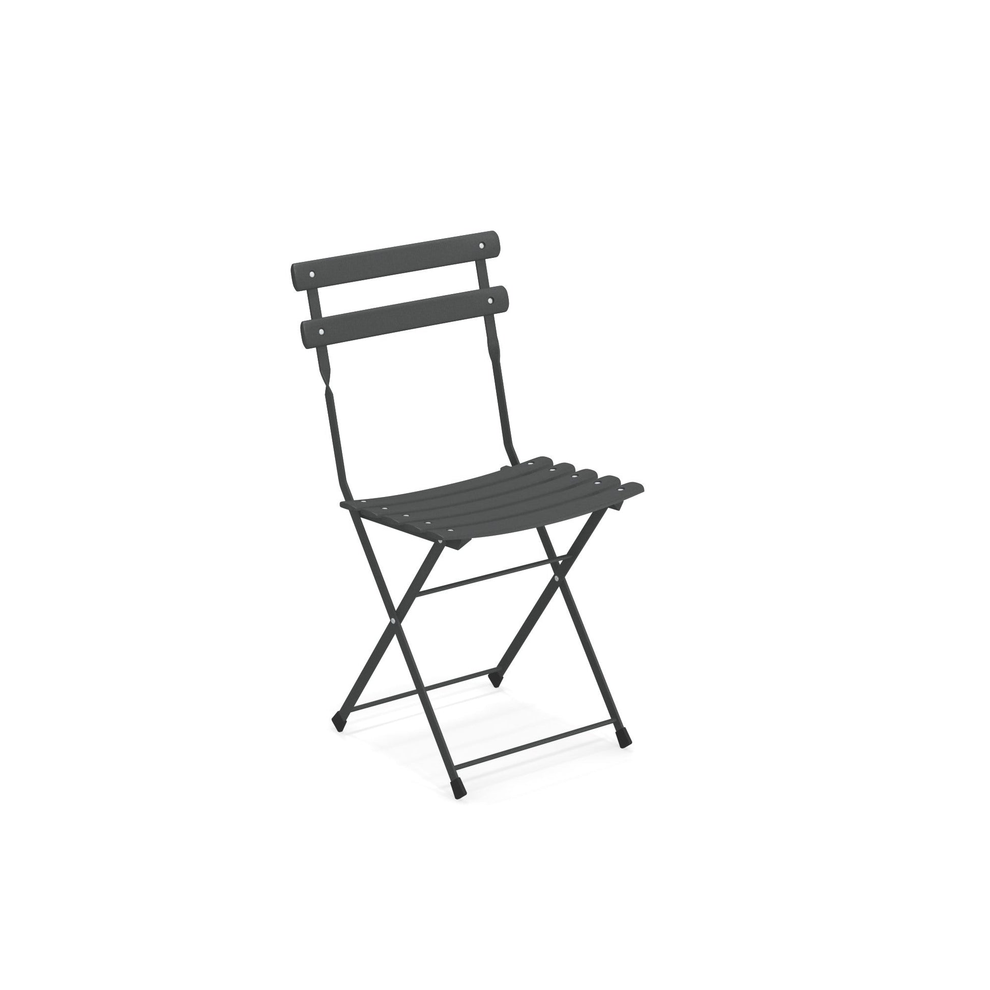Emu Arc en Ciel E314 folding chair with iron finish and steel slat seat, designed for cafés, patios, and modern outdoor dining spaces.