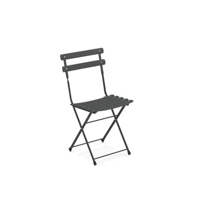 Emu Arc en Ciel E314 folding chair with iron finish and steel slat seat, designed for cafés, patios, and modern outdoor dining spaces.