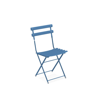 Emu Arc en Ciel E314 folding side chair in marine blue finish with powder-coated steel frame and slatted steel seat for indoor and outdoor dining use.