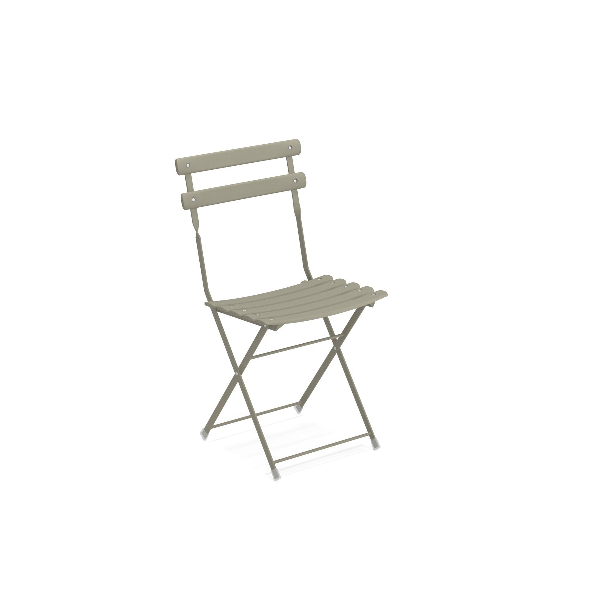 Emu Arc en Ciel E314 folding side chair in moss gray finish featuring a weather-resistant steel frame and slatted seat.