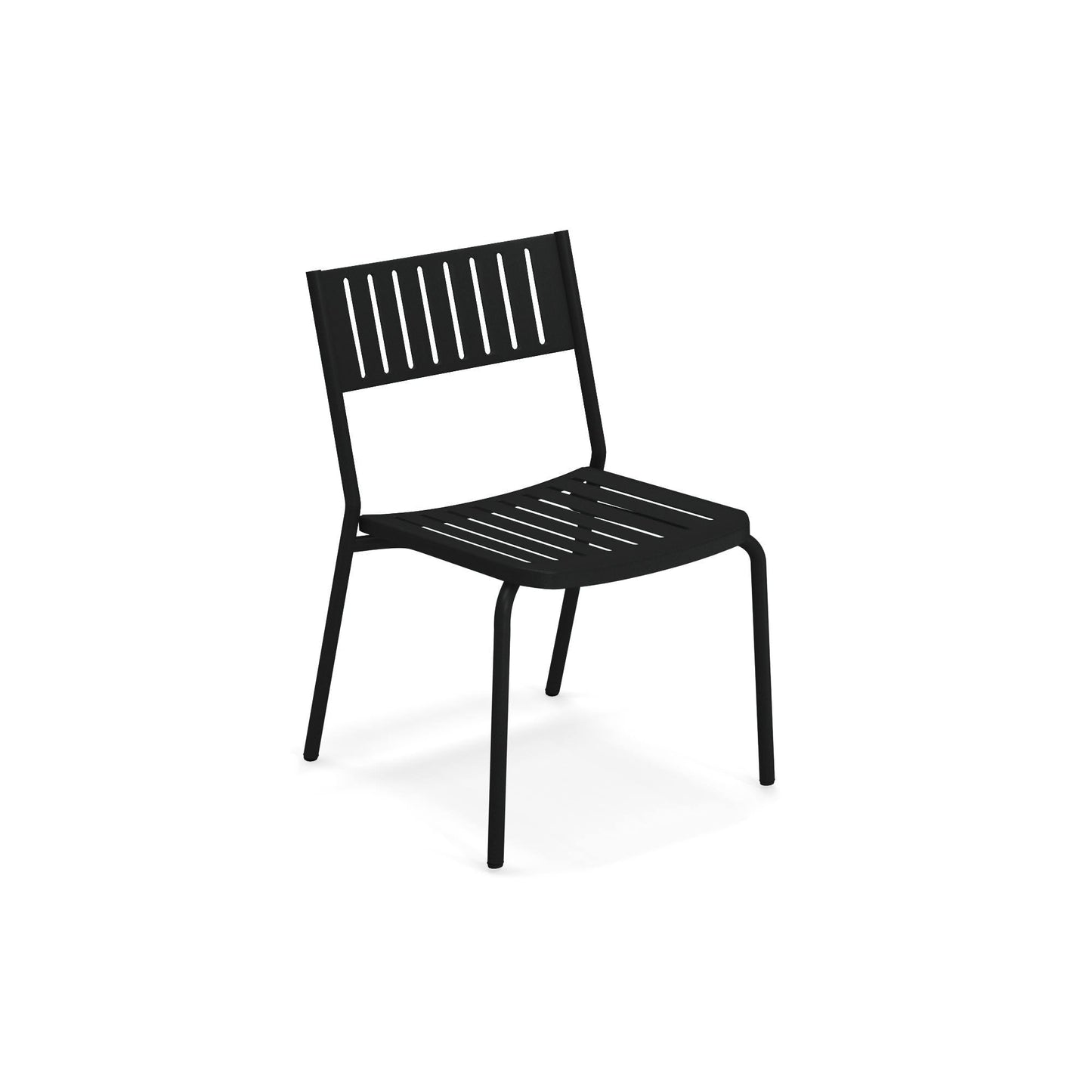 Emu Bridge E146 black stacking side chair with steel slat seat and back, powder-coated finish for indoor and outdoor dining areas.