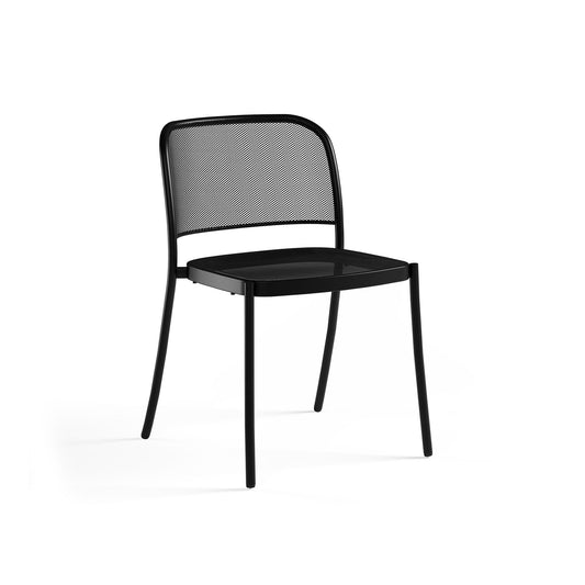 Emu Café E556 stacking side chair in black powder-coated steel, designed for commercial dining, patios, and restaurant seating.