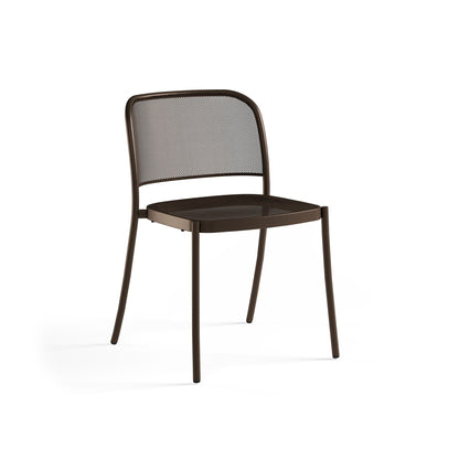 Emu Café E556 stacking steel chair in bronze finish, featuring E-coated frame for durability in commercial and residential outdoor use.