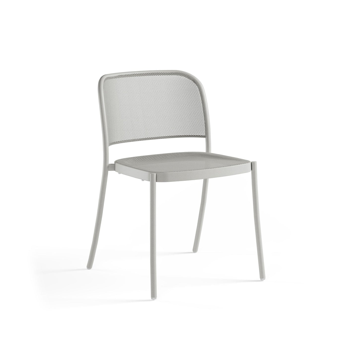Emu Café E556 stacking dining chair in cement finish with tubular steel frame and extended mesh back, suitable for indoor or outdoor use.