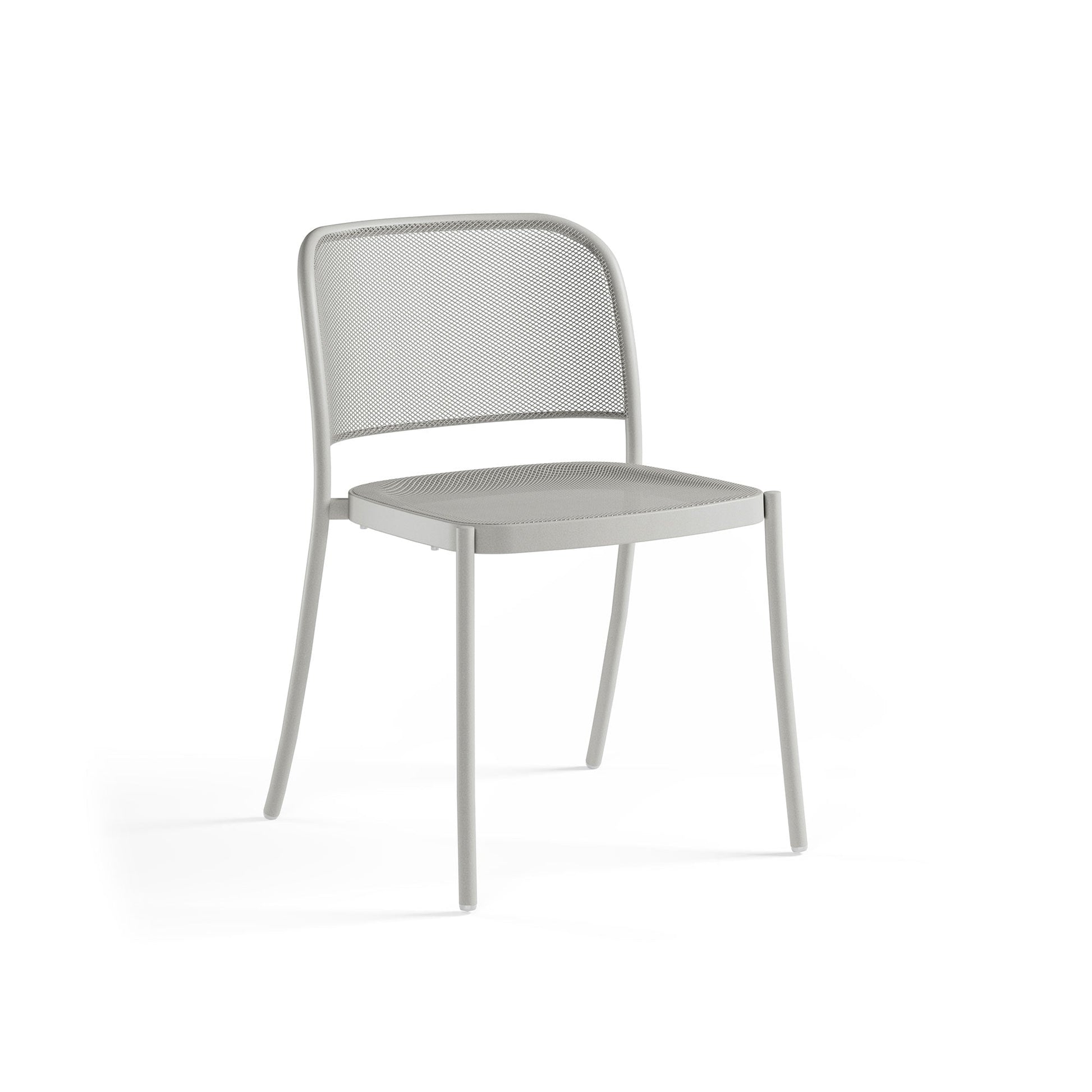 Emu Café E556 stacking dining chair in cement finish with tubular steel frame and extended mesh back, suitable for indoor or outdoor use.