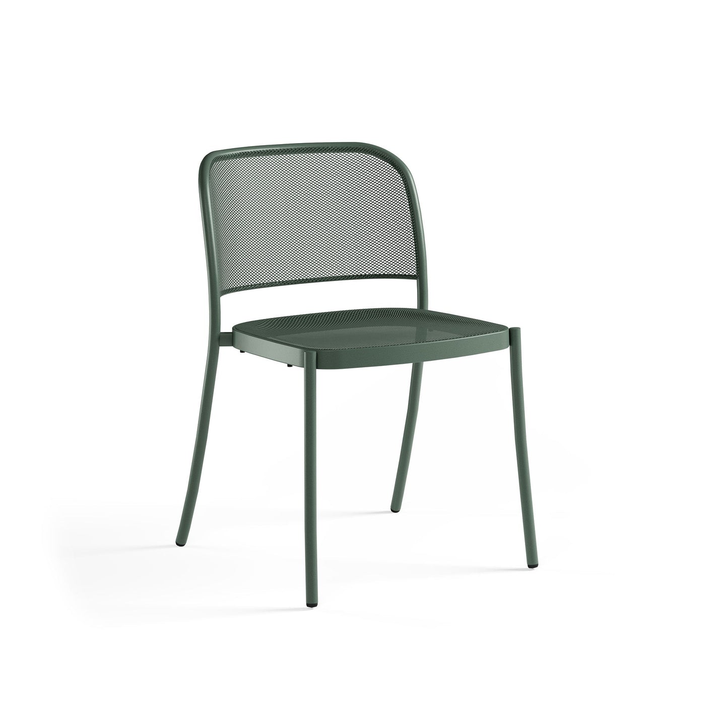 Emu Café E556 outdoor stacking chair in dark green finish, featuring steel mesh design and weather-resistant powder coating.