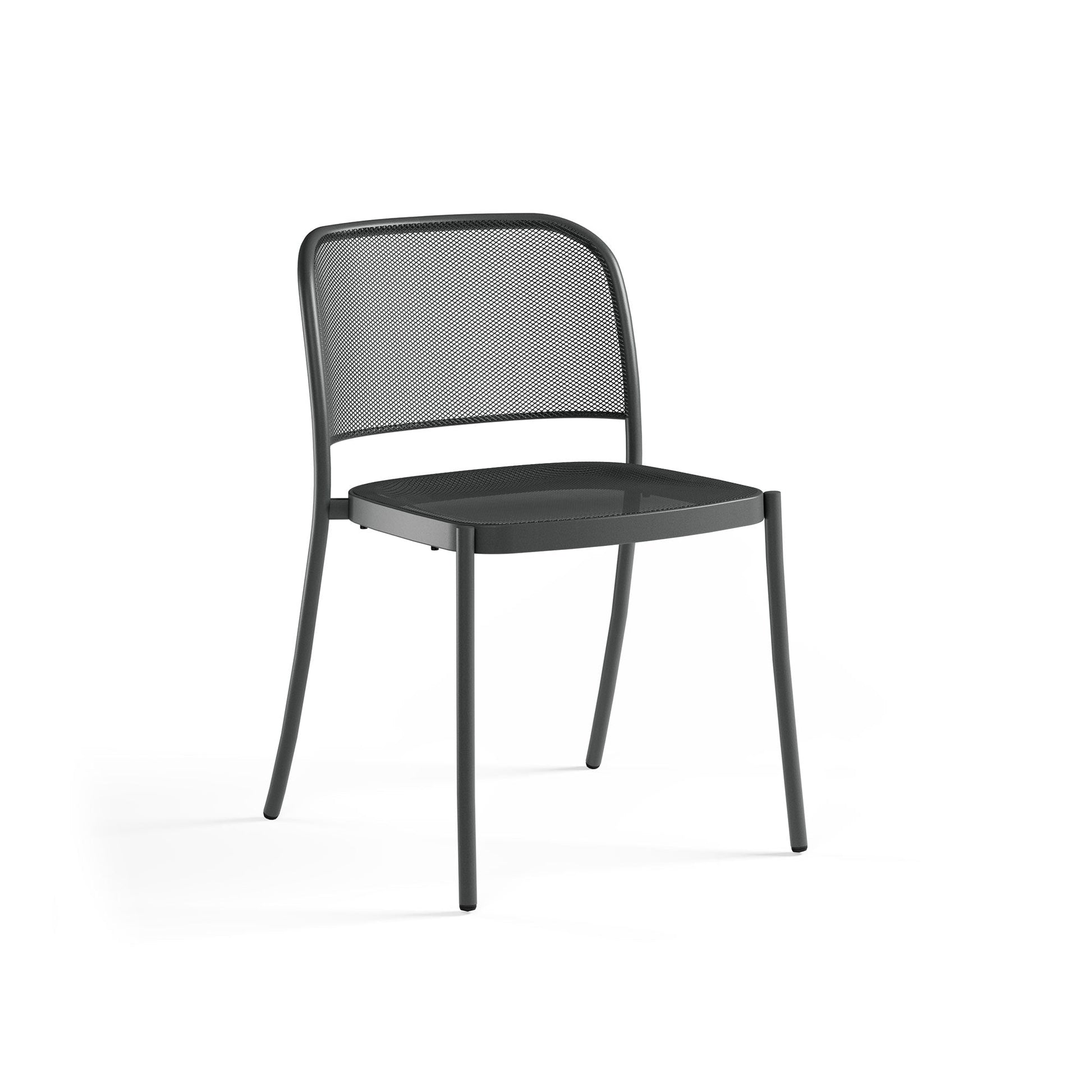 Emu Café E556 stacking side chair in industrial iron finish with mesh steel seat and back, suitable for cafés, bistros, and modern patios.