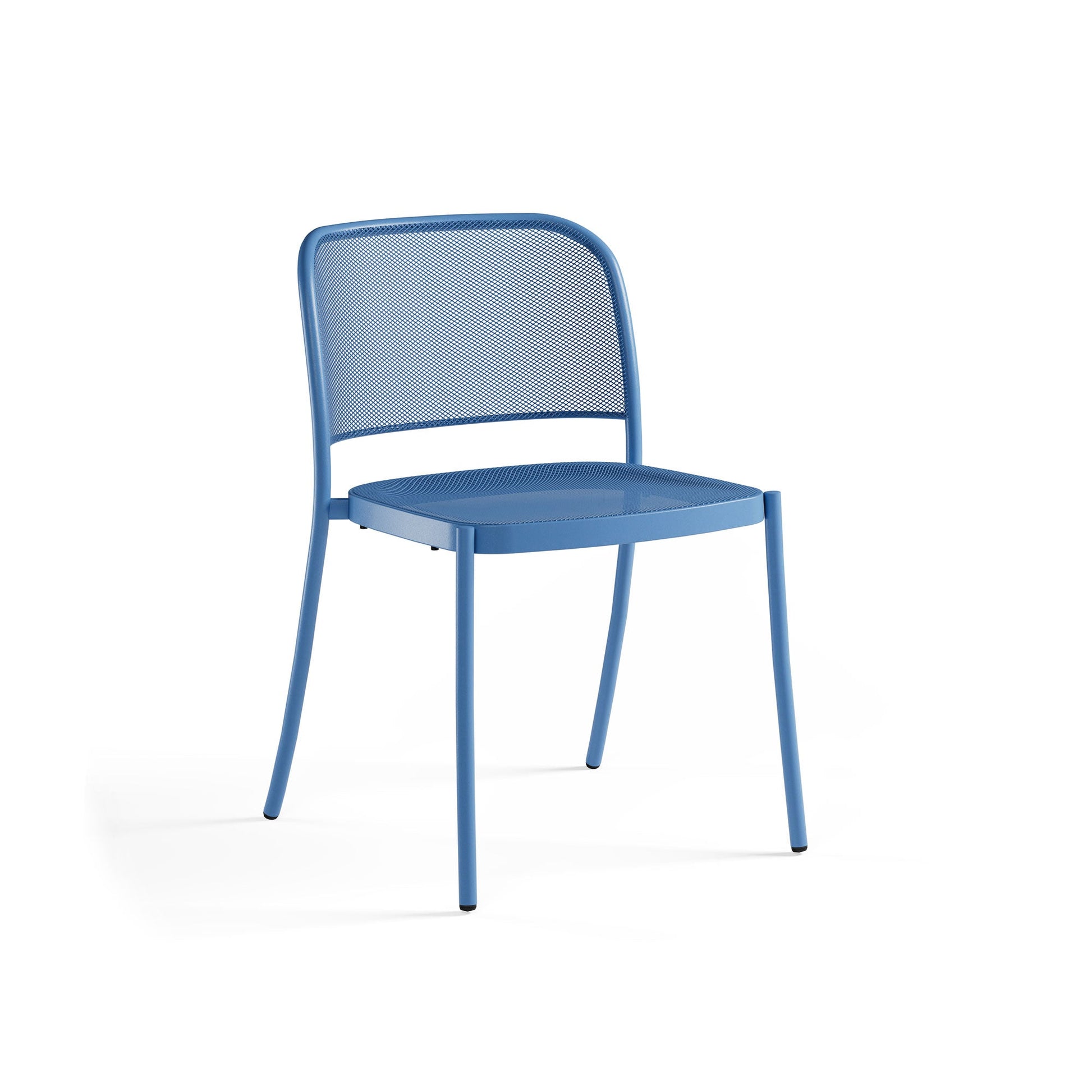 Emu Café E556 marine blue stacking chair with powder-coated steel frame and perforated mesh design for indoor and outdoor dining.