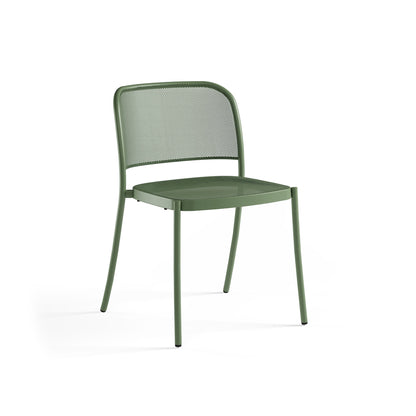 Emu Café E556 steel stacking chair in military green finish, featuring weather-resistant construction for restaurant and patio use.