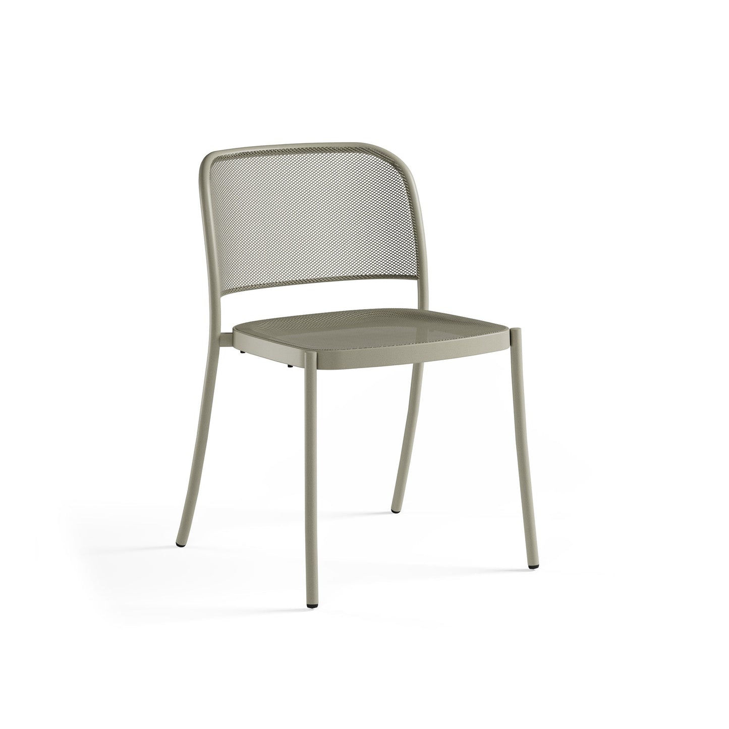 Emu Café E556 outdoor stacking chair in moss grey powder-coated finish with steel mesh back and seat for modern dining spaces.