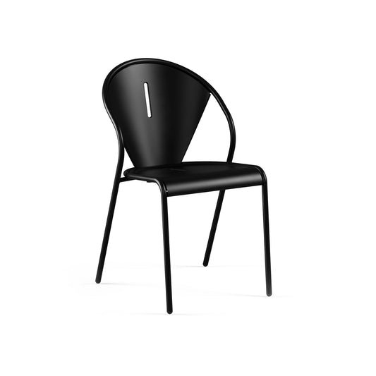 Emu Code E679 black stacking chair made of steel with powder-coated finish, built for indoor and outdoor restaurant seating.