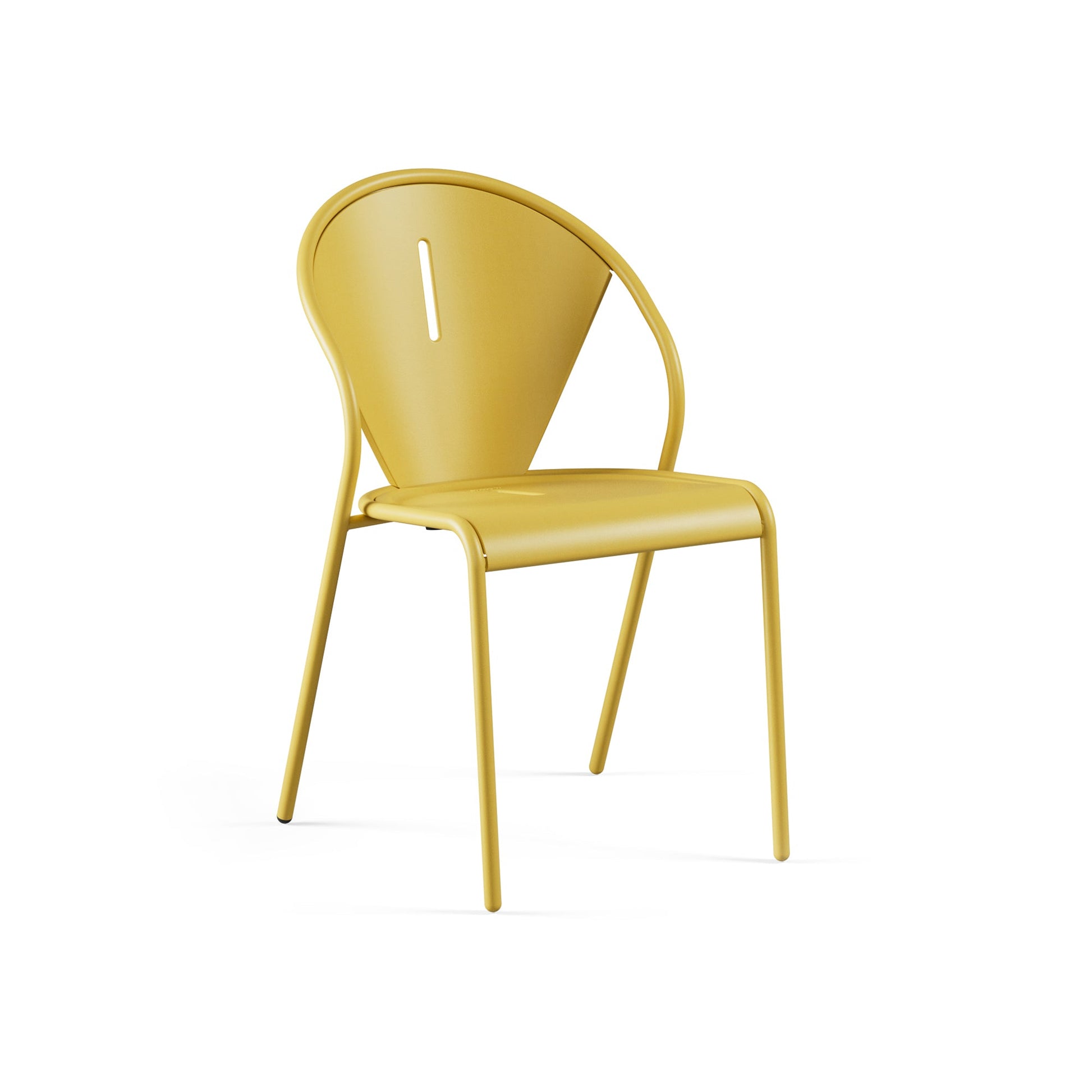Emu Code E679 steel stacking chair in curry yellow finish, adding bold color and weather resistance to any outdoor dining area.