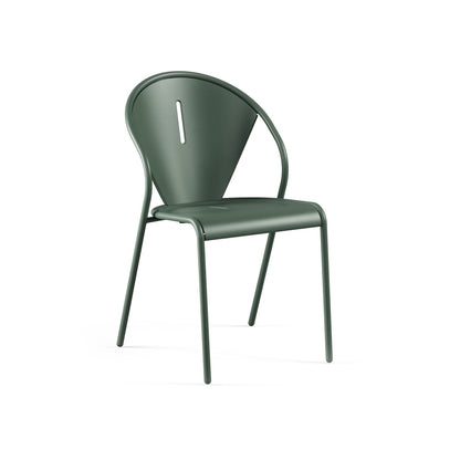 Emu Code E679 stacking side chair in dark green steel finish, designed for outdoor dining and patio seating with modern durability.