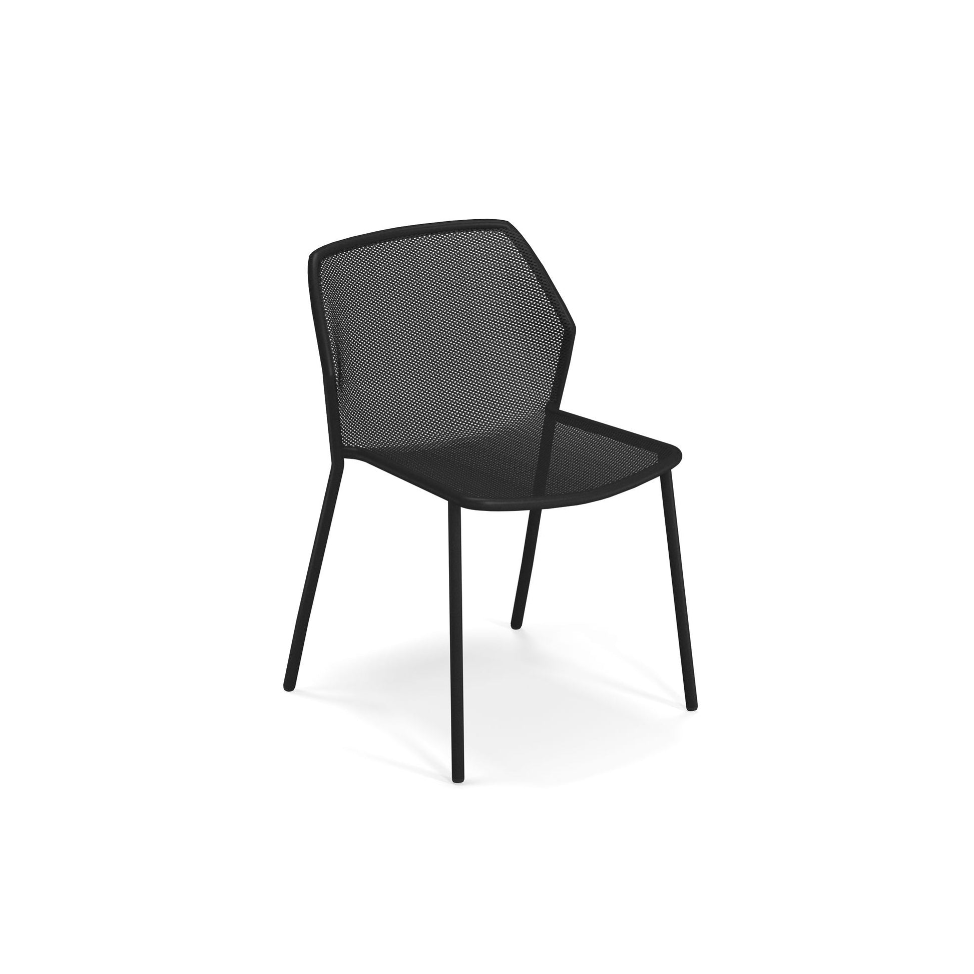 Emu Darwin E521 stacking chair in black powder-coated steel with breathable mesh back and seat for indoor or outdoor dining.