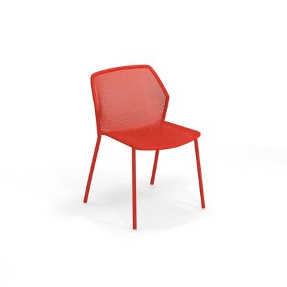 Emu Darwin E521 stacking outdoor dining chair in cherry red finish with powder-coated steel mesh seat and back, ideal for cafés, patios, and modern restaurant spaces.