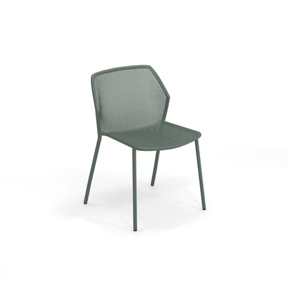 Emu Darwin E521 outdoor stacking chair in dark green, featuring breathable steel mesh and lightweight tubular steel frame.