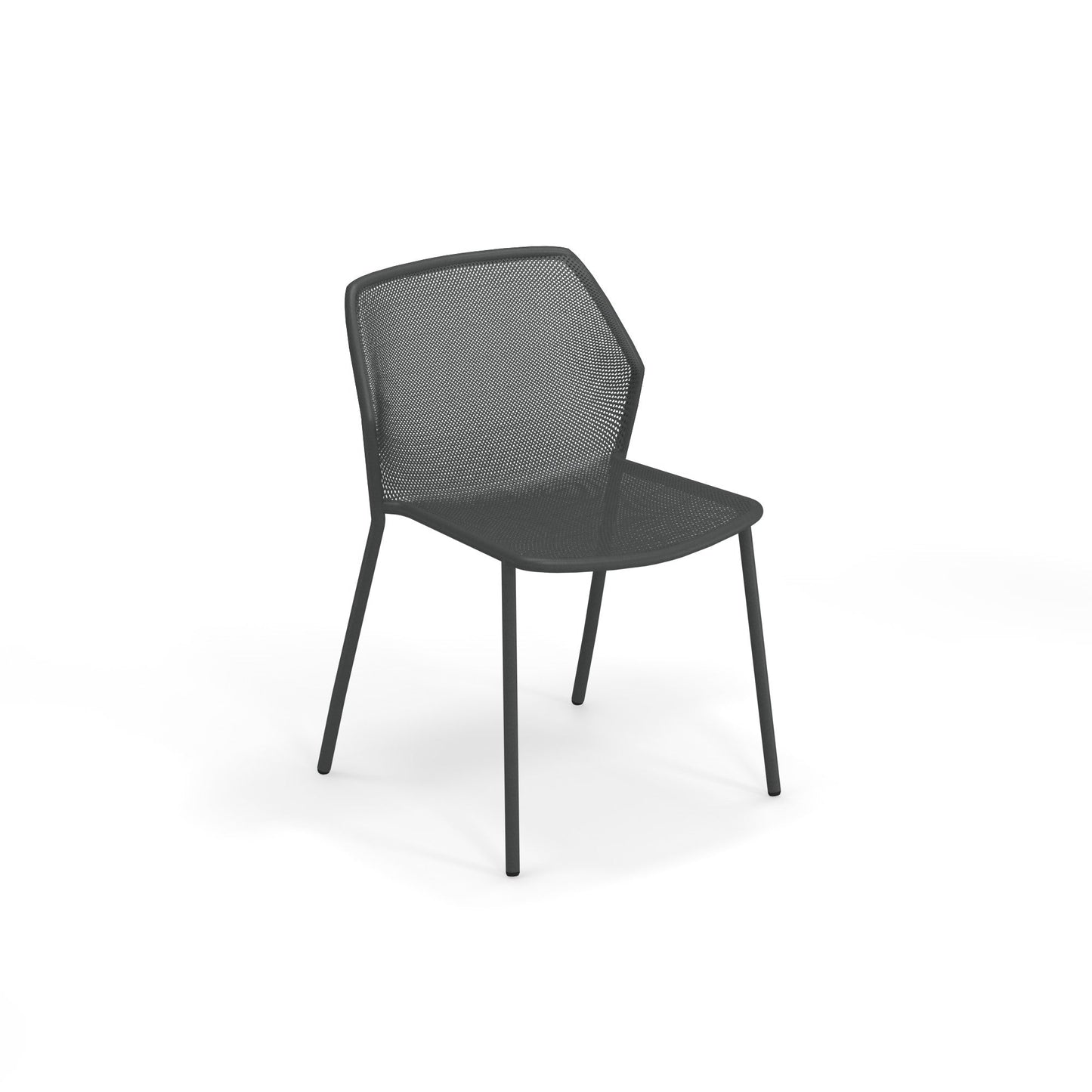 Emu Darwin E521 outdoor stacking chair in iron grey finish with extended steel mesh and tubular steel frame for modern hospitality spaces.