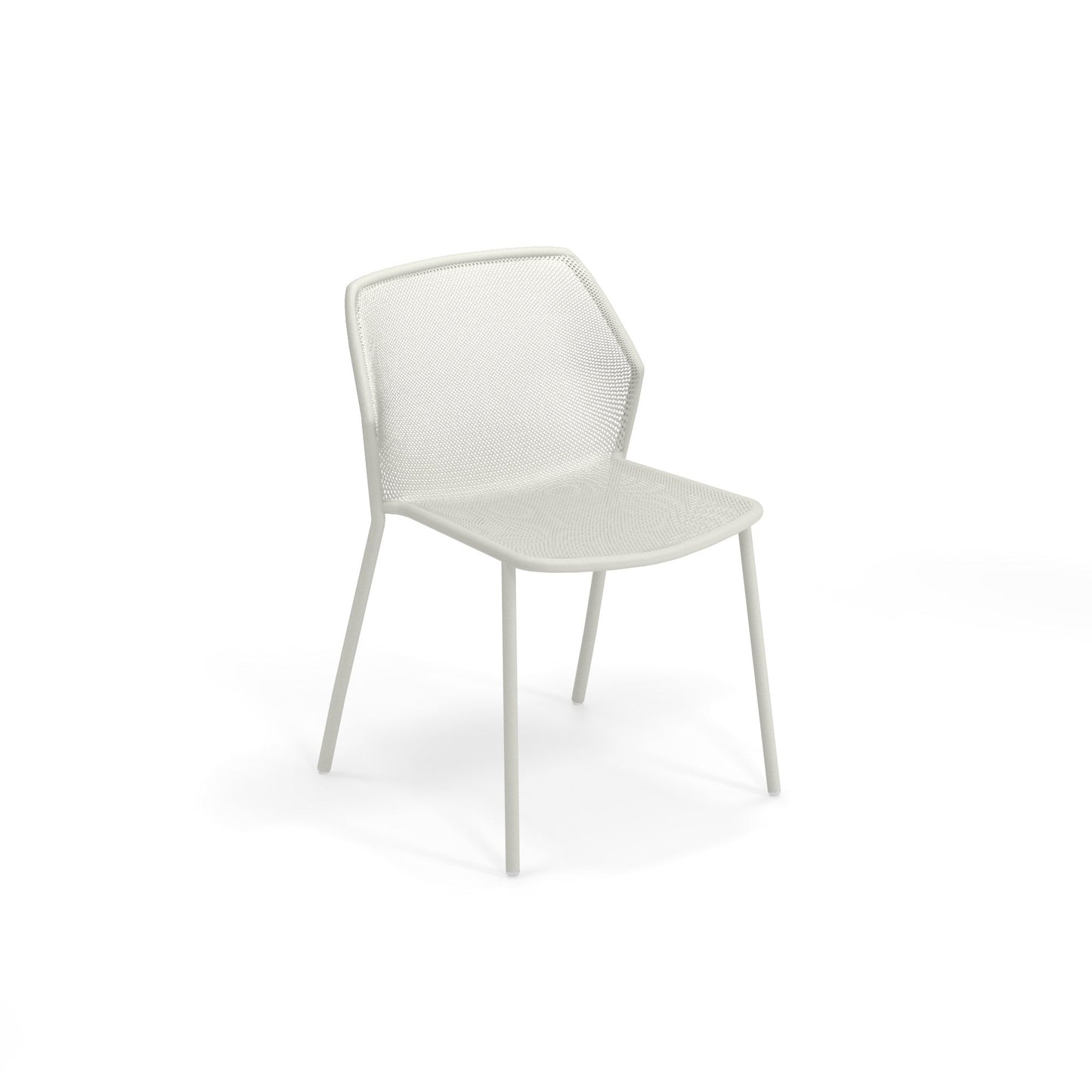 Emu Darwin E521 white stacking chair with steel mesh back and seat, ideal for patios, bistros, and poolside dining areas.