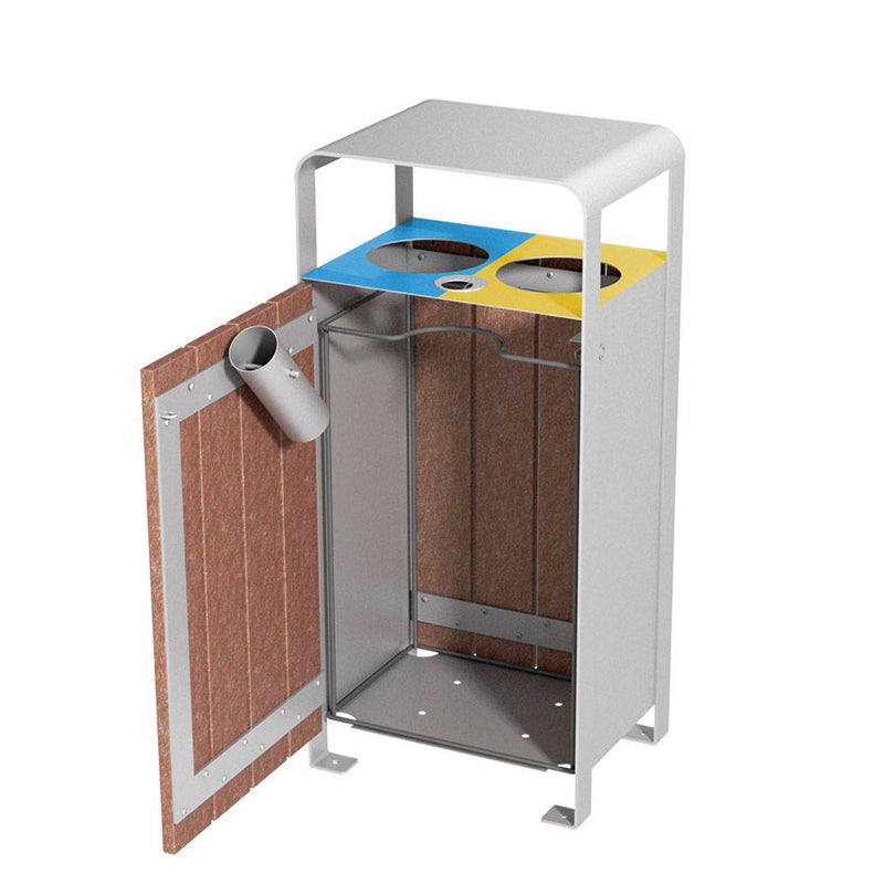 emu ecosens u662 outdoor litter bin dual 20 gallon locking bolt down design recycled poly panels steel frame silver finish made in spain. Interior view.