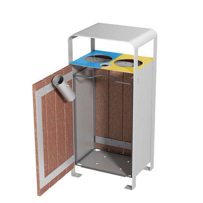 emu ecosens u662 outdoor litter bin dual 20 gallon locking bolt down design recycled poly panels steel frame silver finish made in spain. Interior view.
