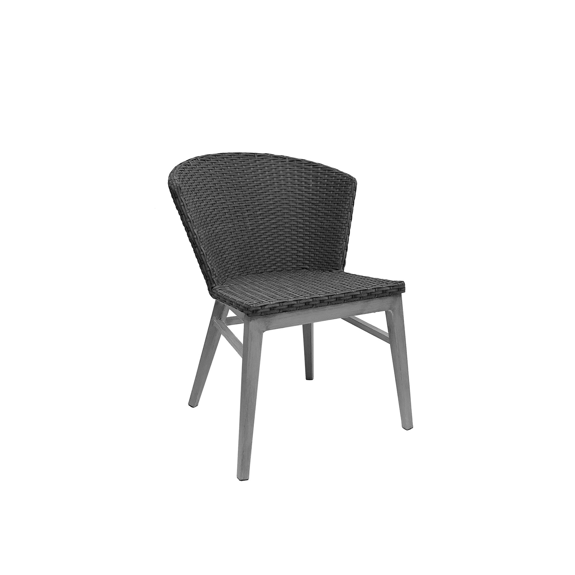 Emu Elly A1010 outdoor dining chair in grey wicker and aluminum, lightweight and weather-resistant for restaurants, resorts, and patios.