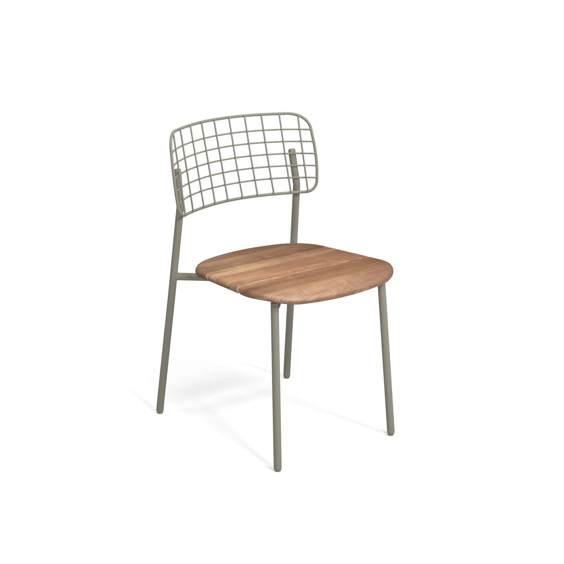Emu Lyze E615T outdoor side chair in moss green aluminum with teak slatted seat and back, stylish and durable for patios or modern garden dining.