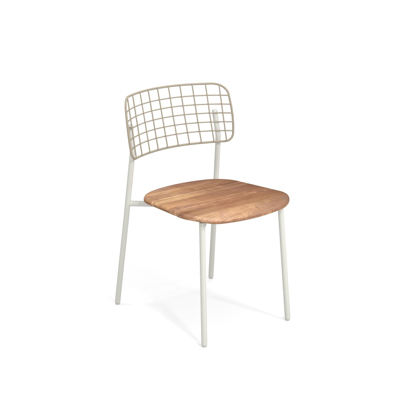 Emu Lyze E615T stacking side chair in white aluminum with natural teak slats, modern outdoor dining chair designed by Florent Coirier.
