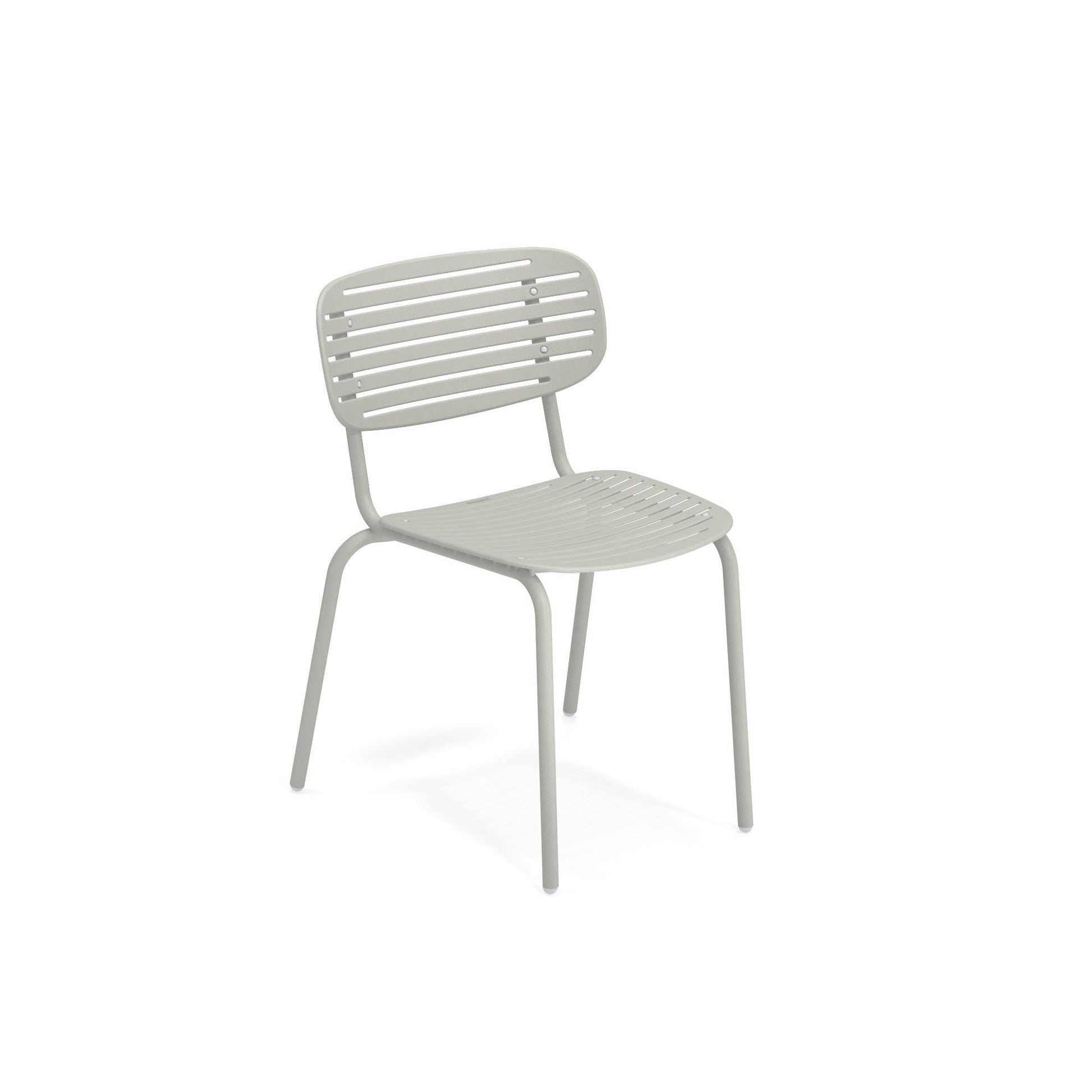 Emu Mom #639 cement-gray steel chair with slatted design, stackable for easy storage in modern restaurants and homes.