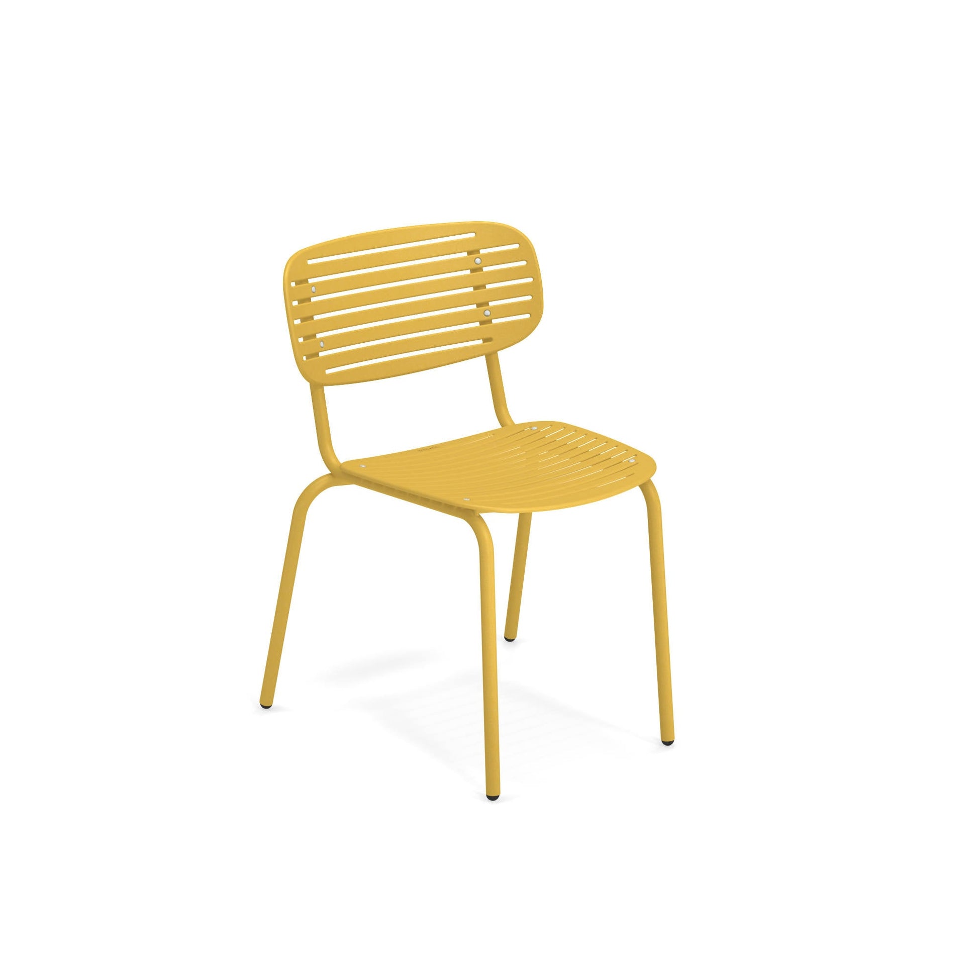 Emu Mom #639 in curry yellow finish, a bright stackable metal chair perfect for sunny terraces and outdoor cafés.