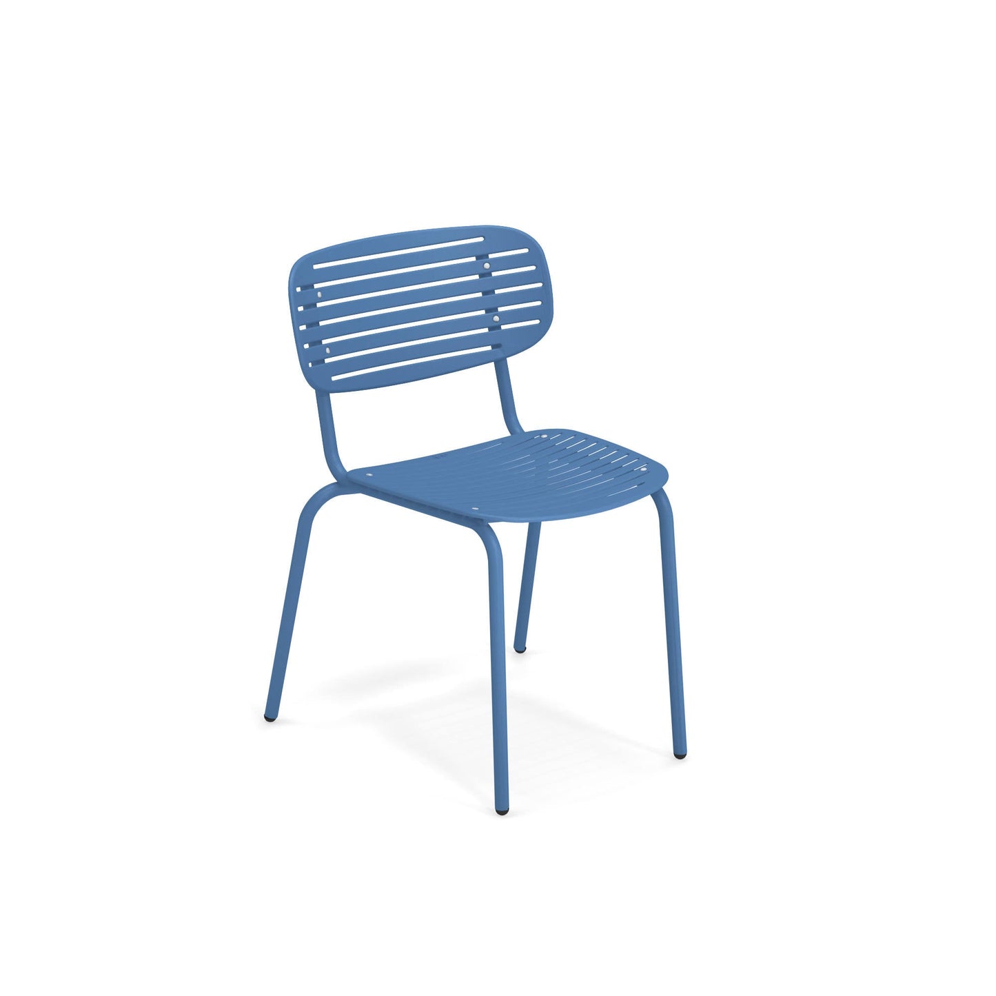 Emu Mom #639 stackable steel dining chair in marine blue finish, ideal for modern restaurants, cafés, and patios.