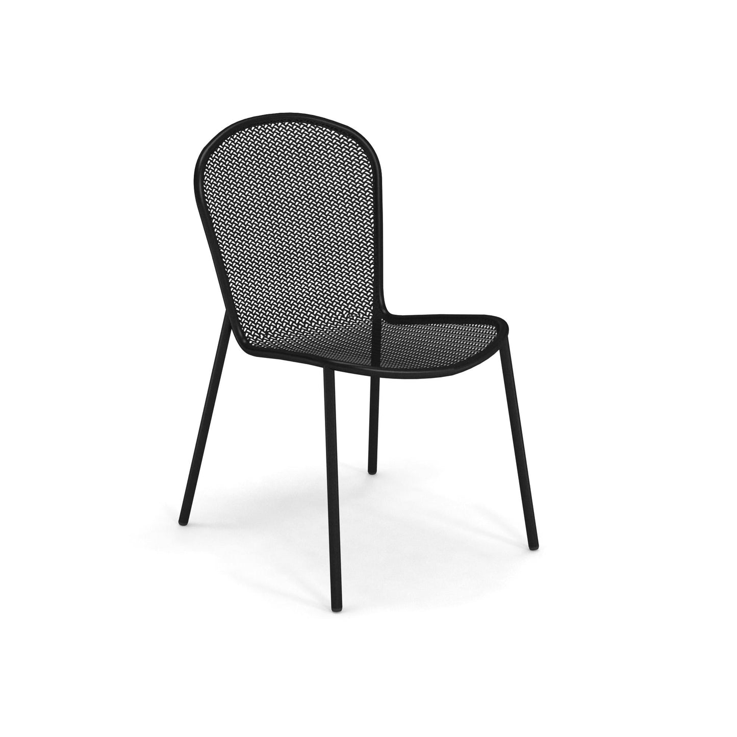 Emu Ronda 2.0 E457 outdoor stacking chair in black steel mesh with powder-coated frame for all-weather durability and sleek design.