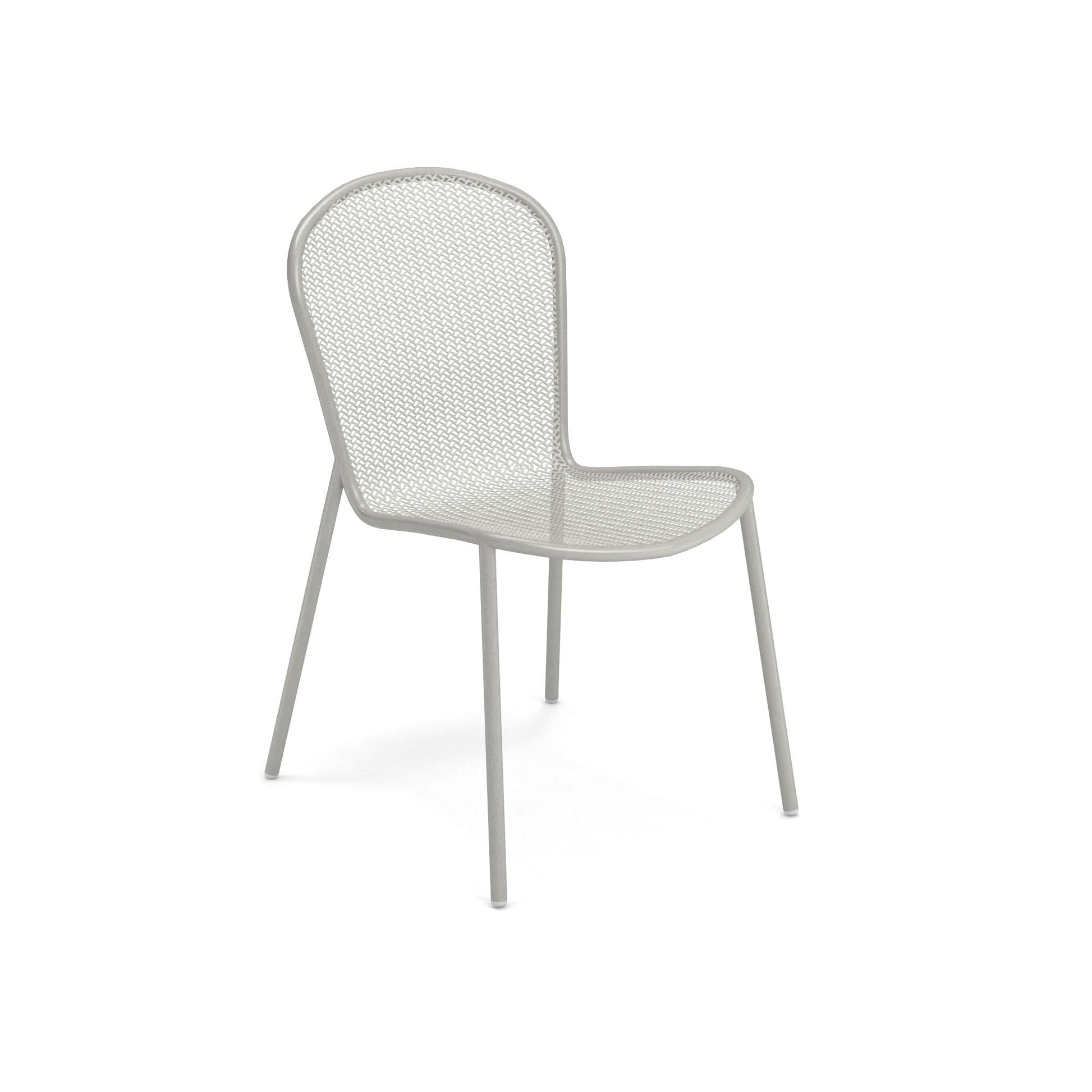 Emu Ronda 2.0 E457 stacking dining chair in cement grey finish with extended steel mesh back and seat for modern outdoor dining.
